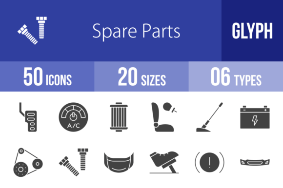 50 Spare Parts Glyph Icons: The Ultimate Design Asset for Technical Projects
